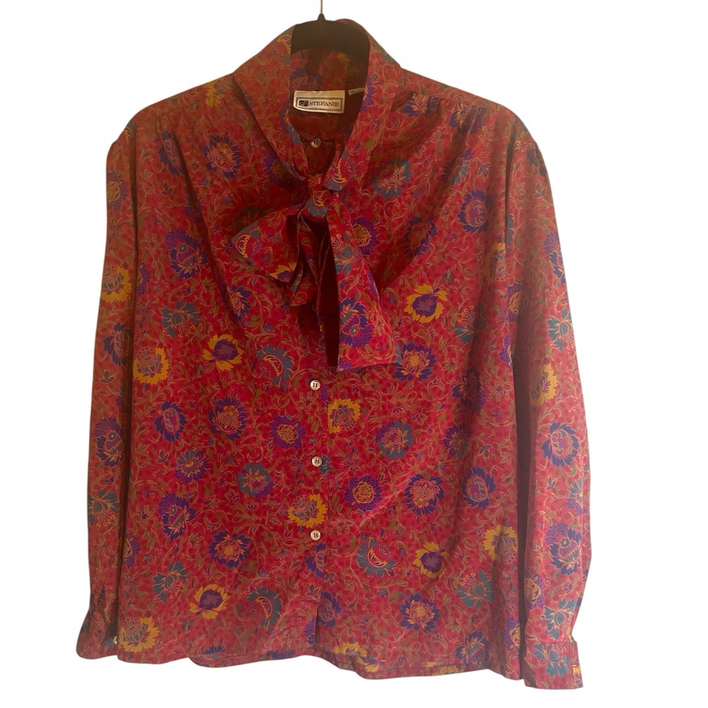 Vintage Stefanie Button Bow Neck Blouse Womens 10 Red Floral Old Money Tailored